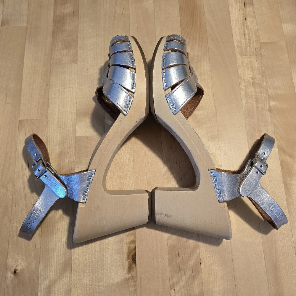 Swedish Hasbeens Silver Platform Heels Size 40